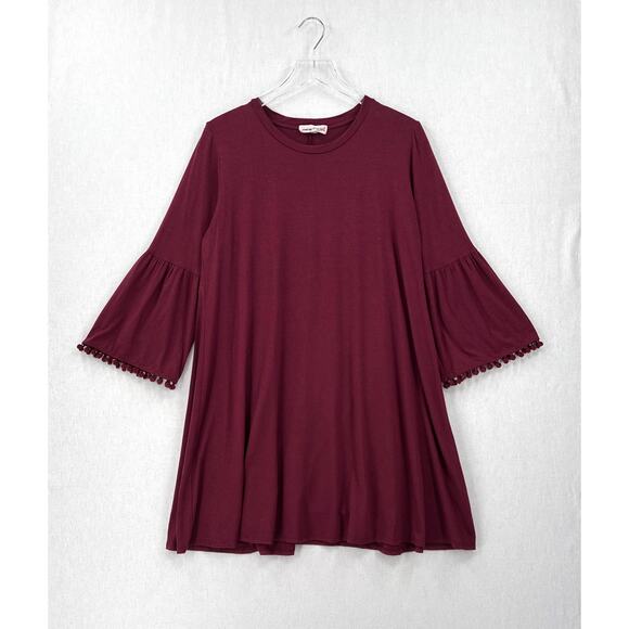 JOHNNY WAS CALME Flute Sleeve Swing Dress Womens Medium Burgundy Maroon Pom Pom - Picture 3 of 15
